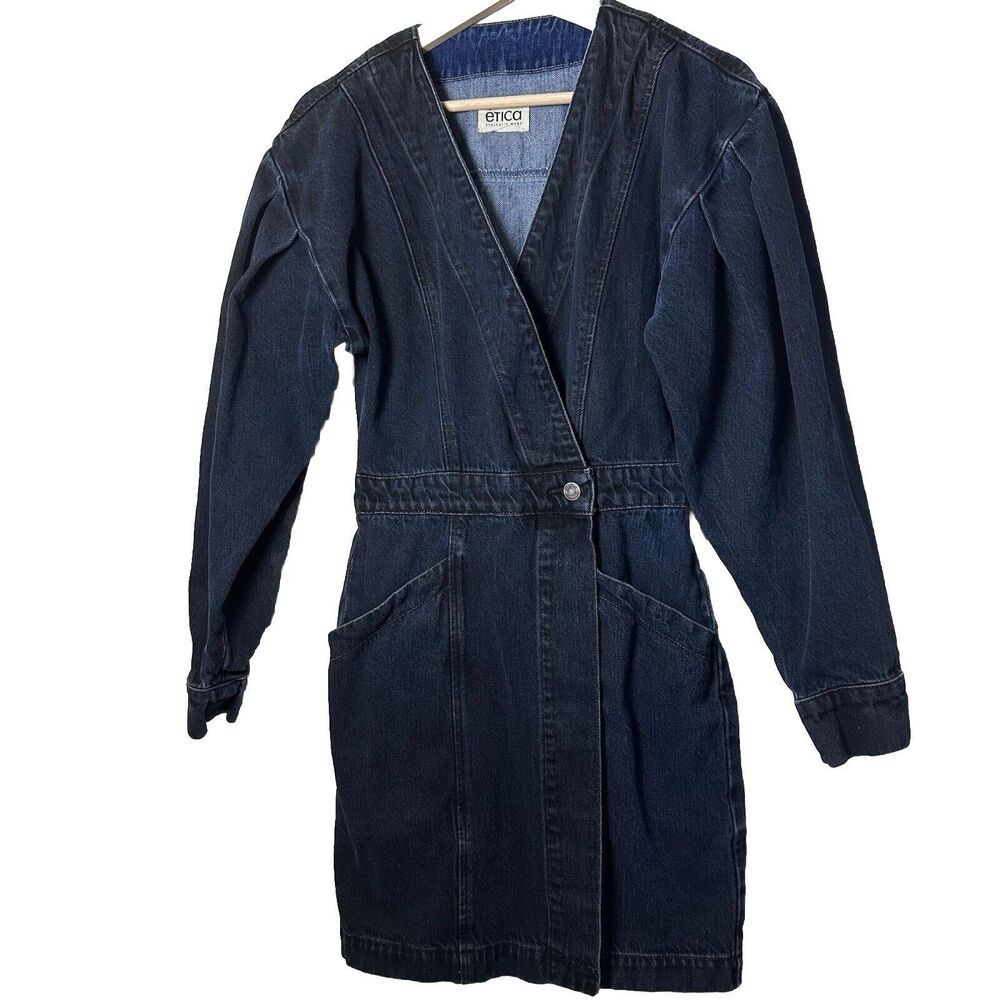 Etica Dress Womens XS Blue Mira Dark Denim Wrap Jean Mini Puff Sleeve Ca…